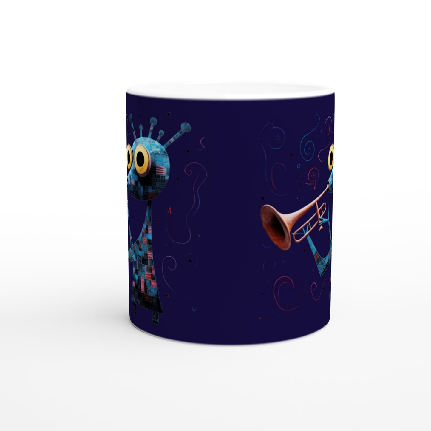 abstract trumpeter print on a navy blue mug