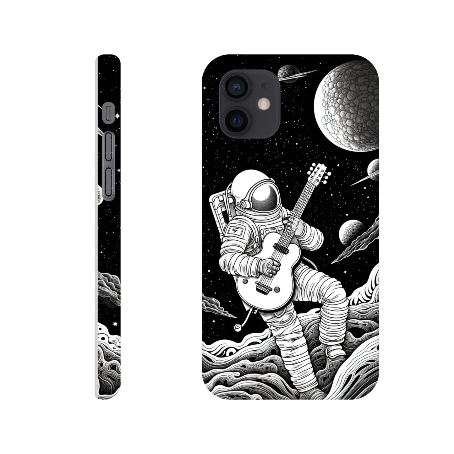 Space Serenade: Monochromatic Astronaut Guitarist in Space Phone Case
