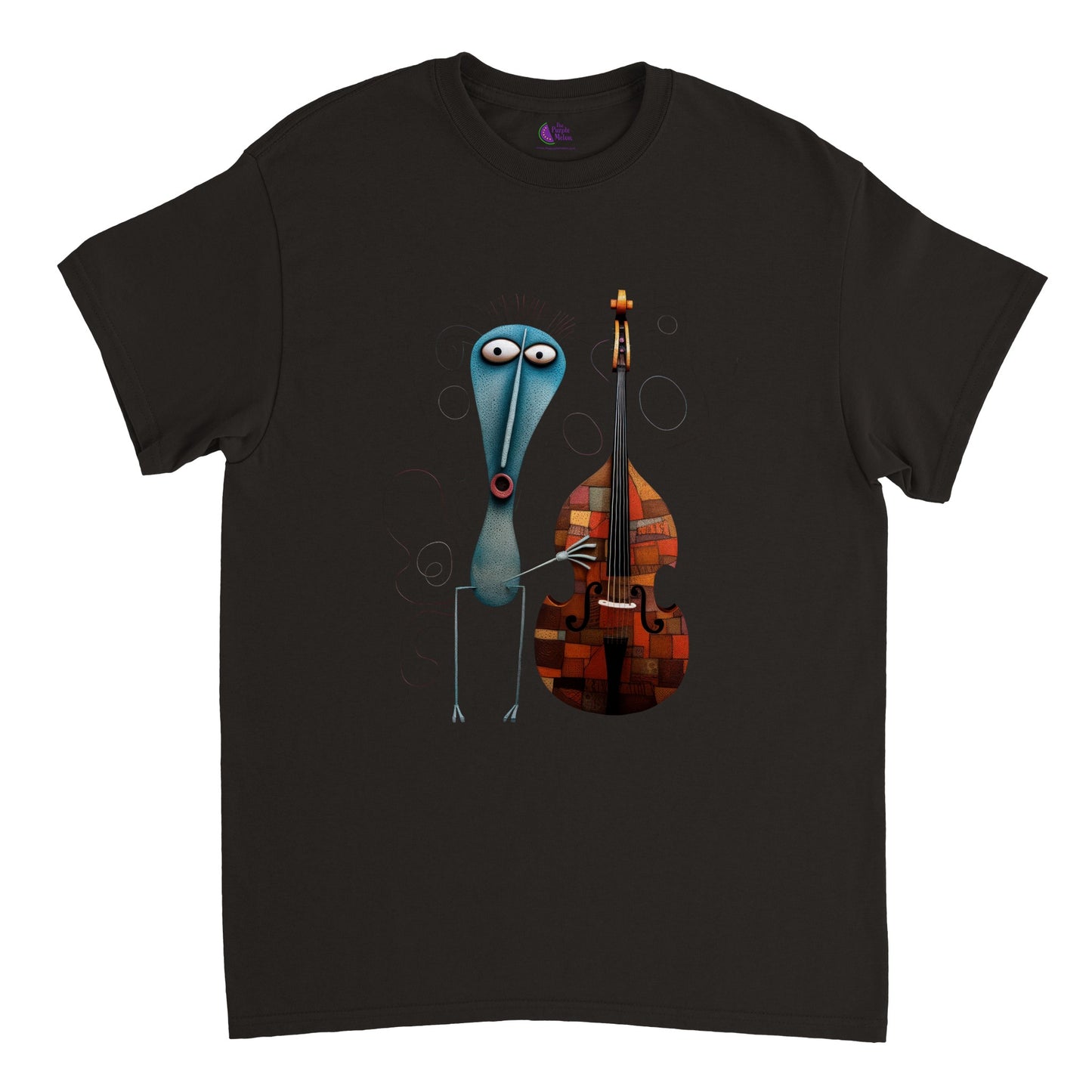 black t-shirt with a print of an abstract character playing the double bass
