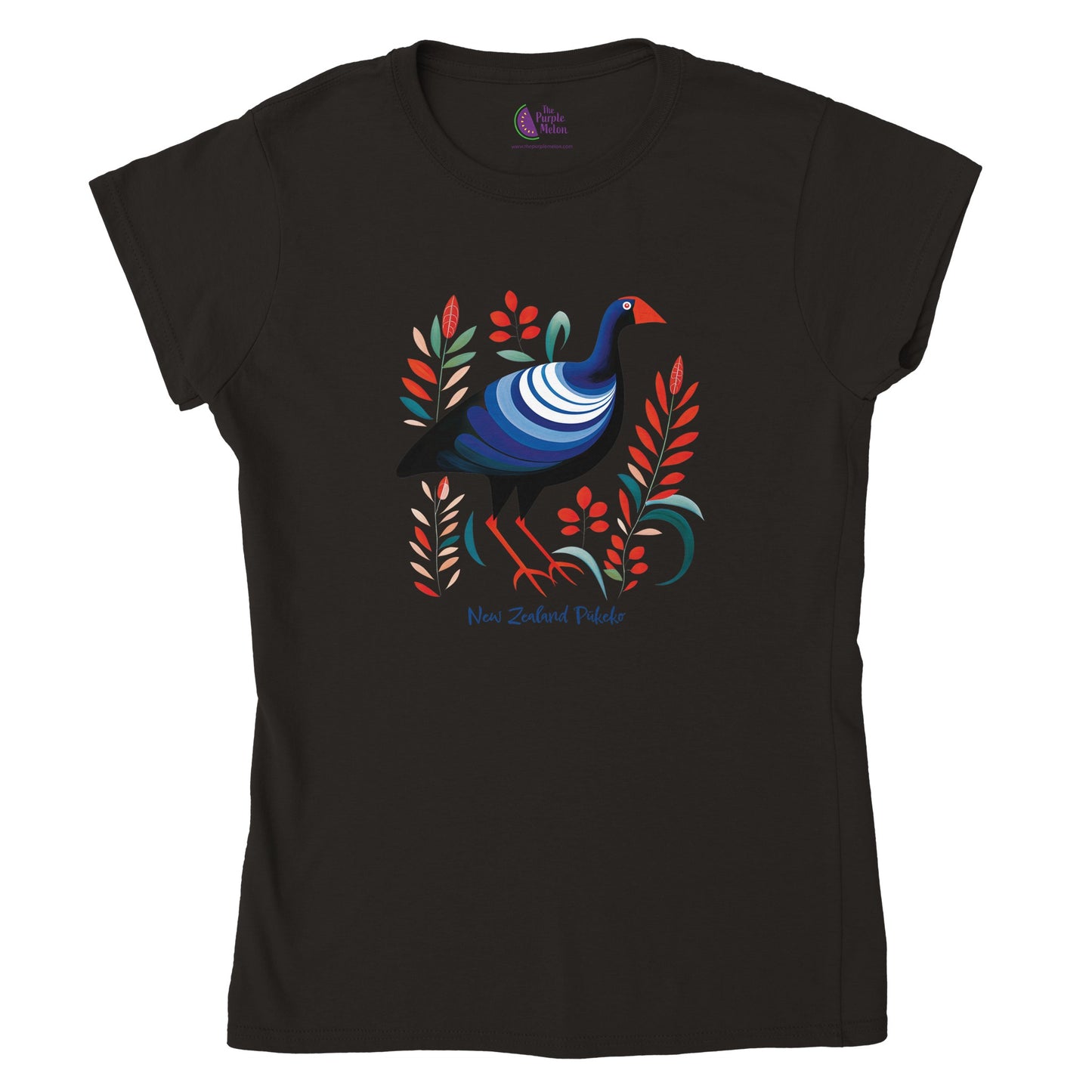 black t-shirt with a new zealand pukeko print