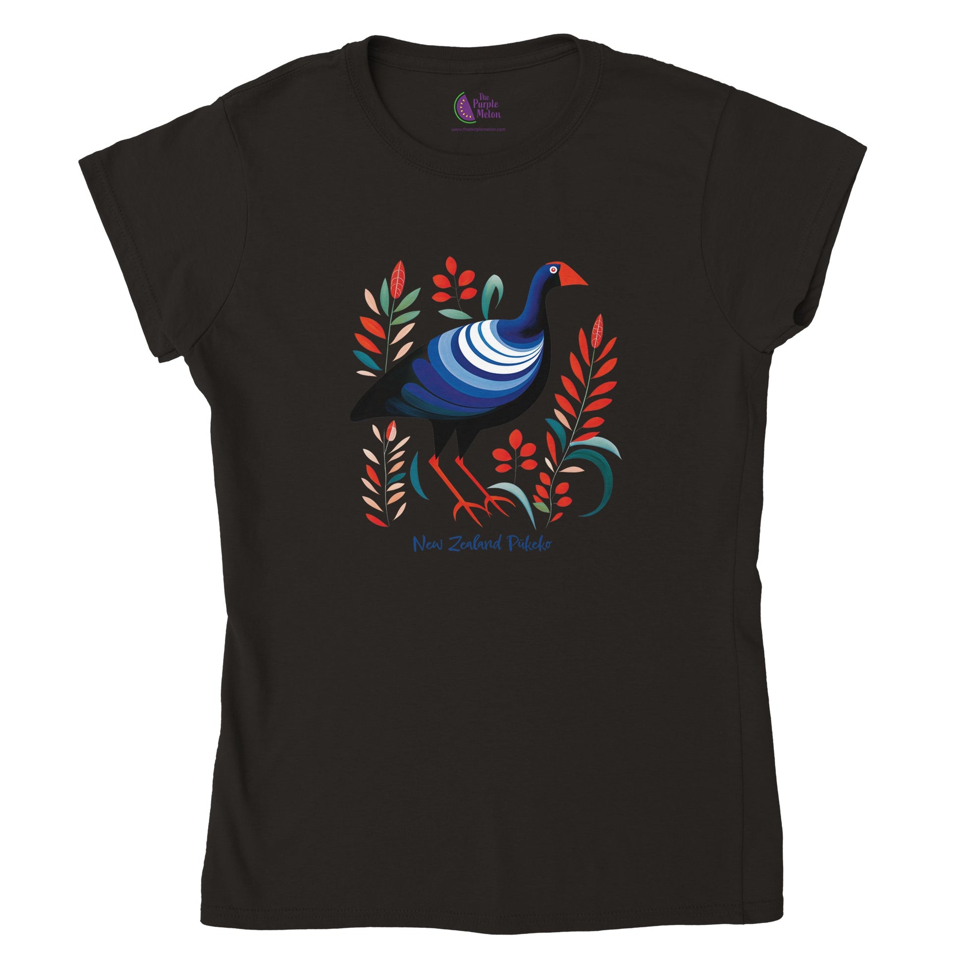 black t-shirt with a new zealand pukeko print