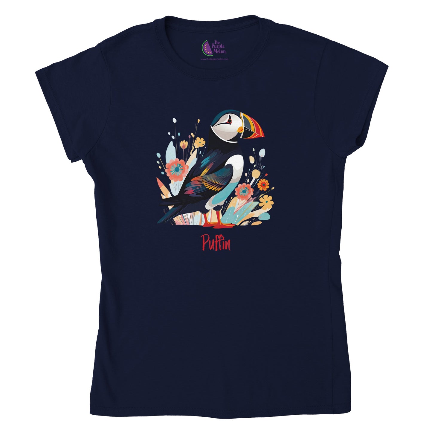 navy blue t-shirt with a puffin bird print