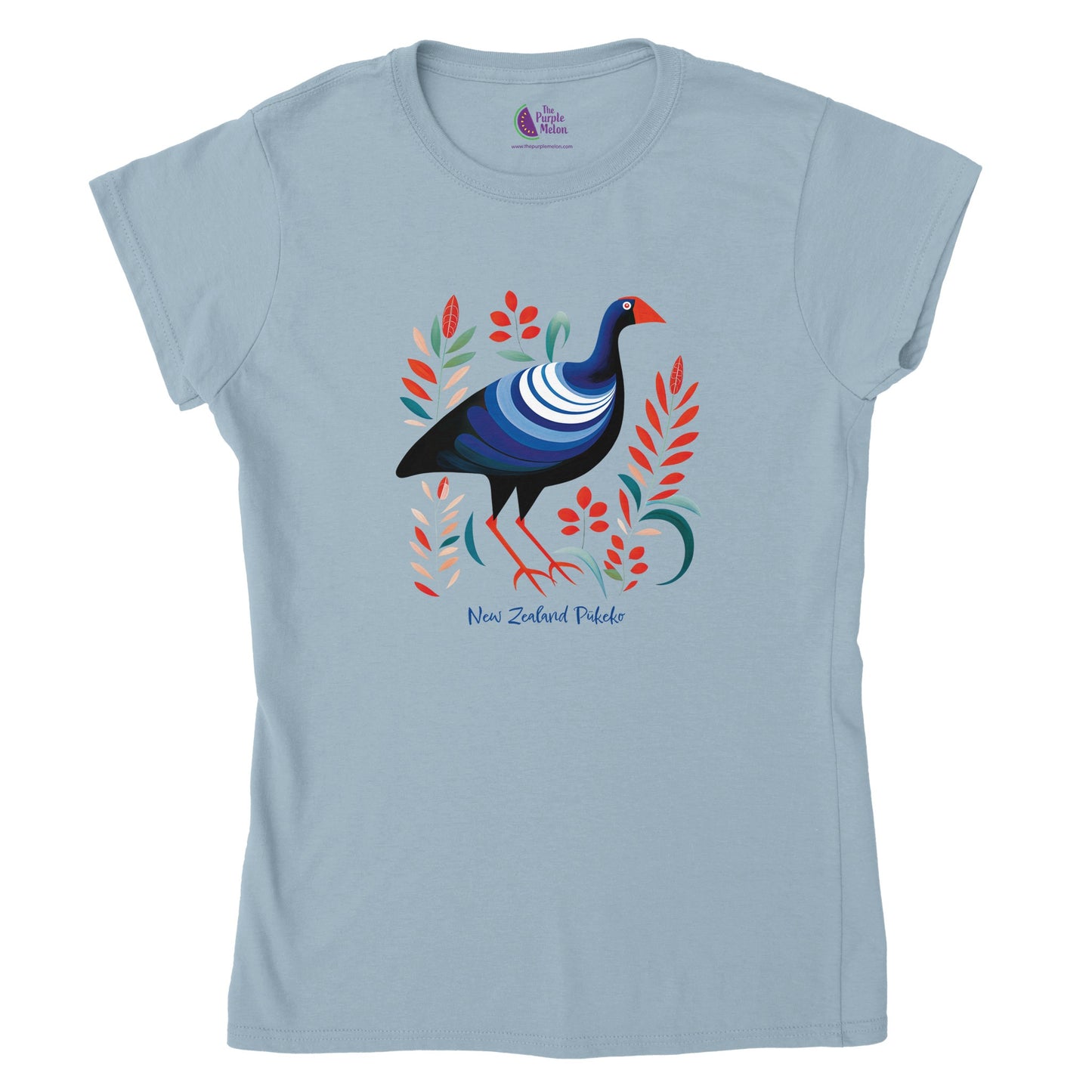 light blue t-shirt with a new zealand pukeko print