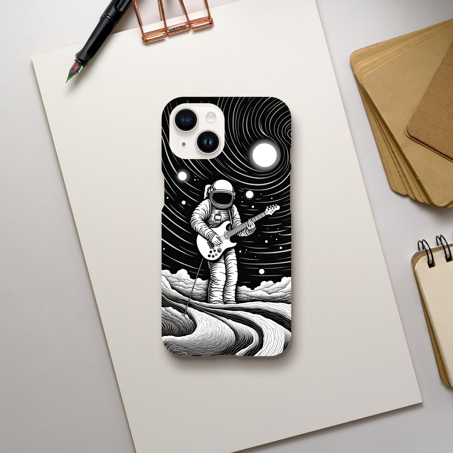 Galactic Harmony: Op Art Astronaut Guitarist Monochromatic Slim Phone Case