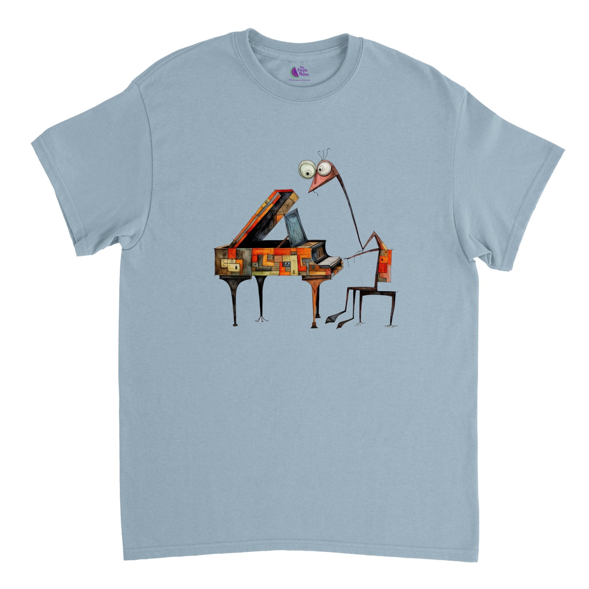 light blue t-shirt with an abstract giraffe pianist print