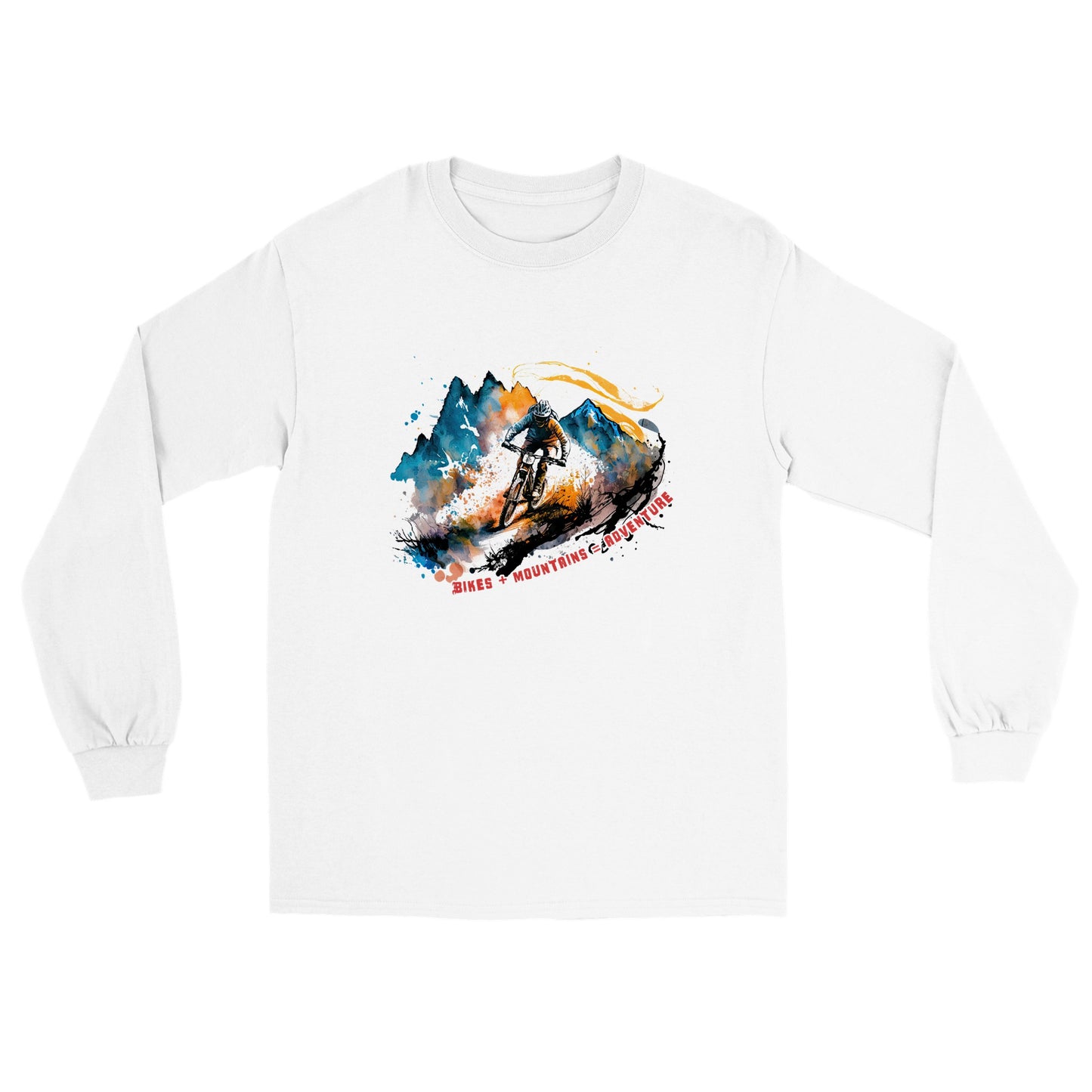 White long sleeve t-shirt with a mountain bike print with the caption bikes + mountains = adventure