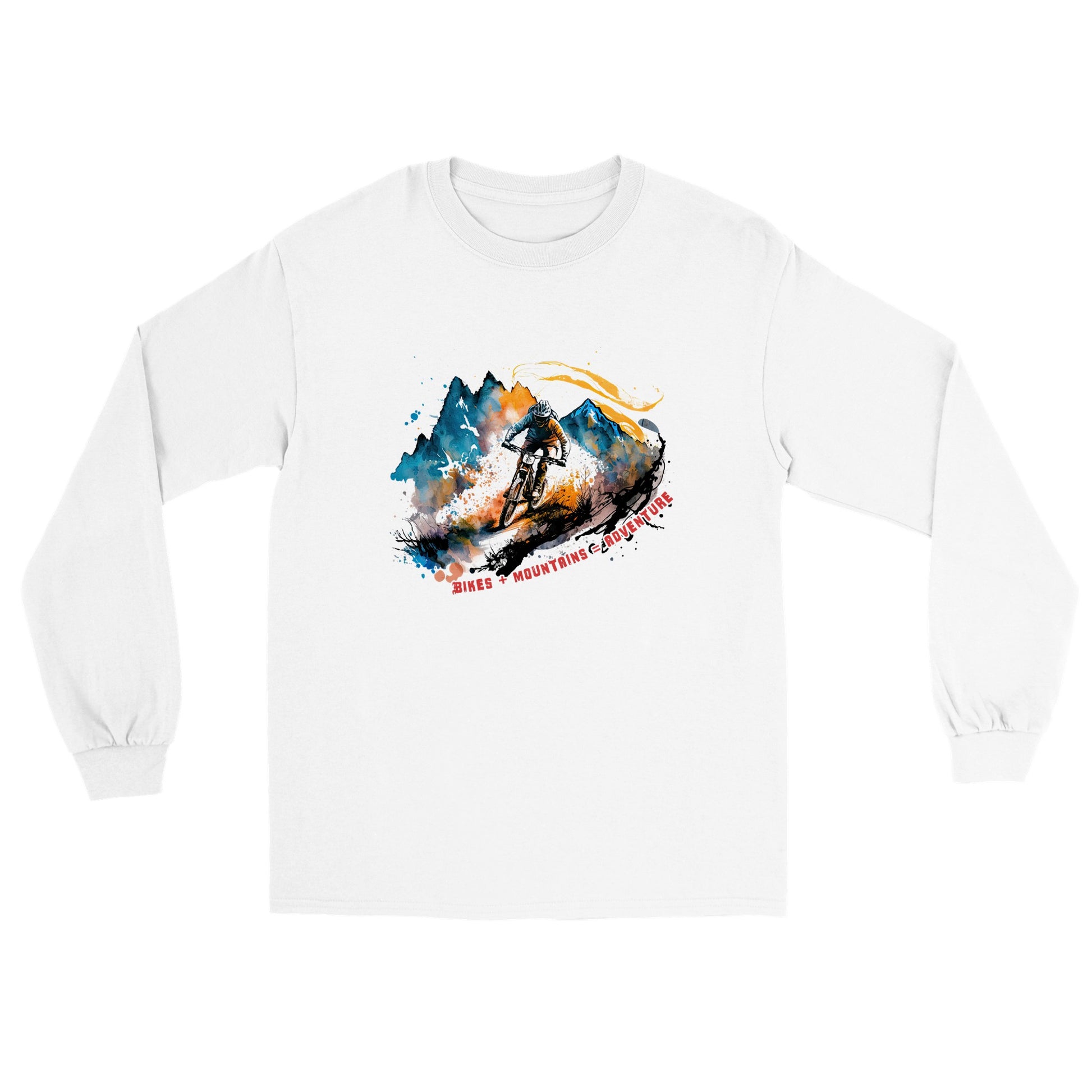 White long sleeve t-shirt with a mountain bike print with the caption bikes + mountains = adventure