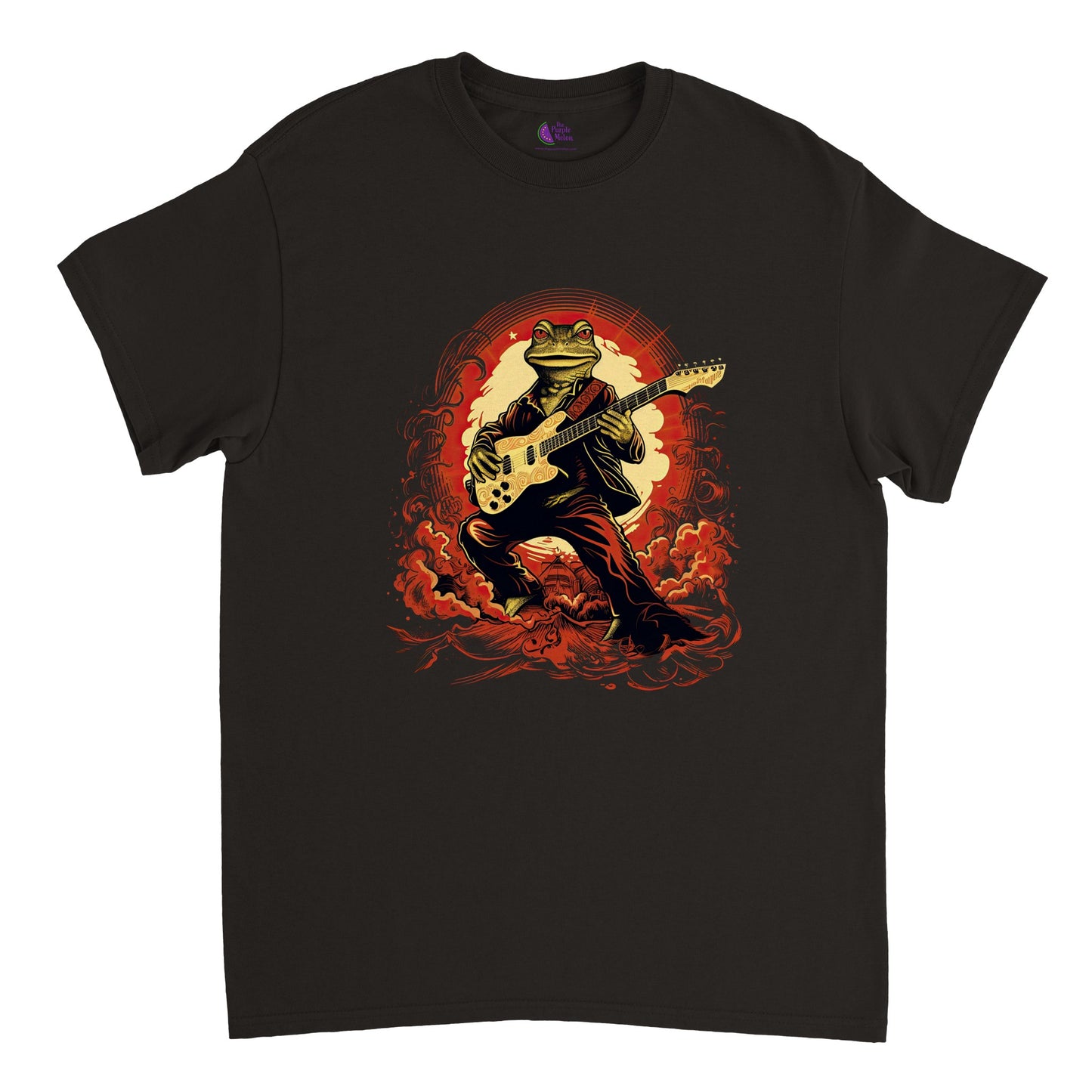 black t-shirt with a frog playing the guitar print