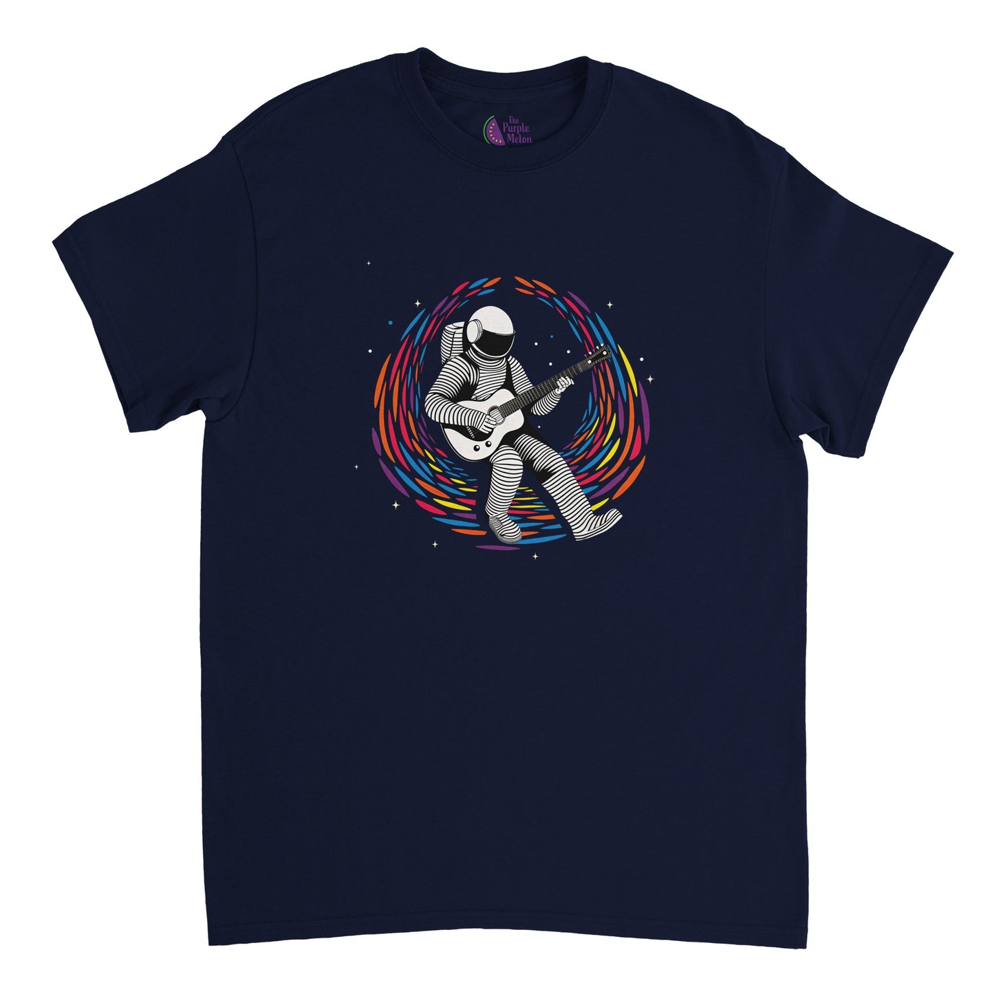 Navy blue t-shirt with a guitar playing spaceman floating in space