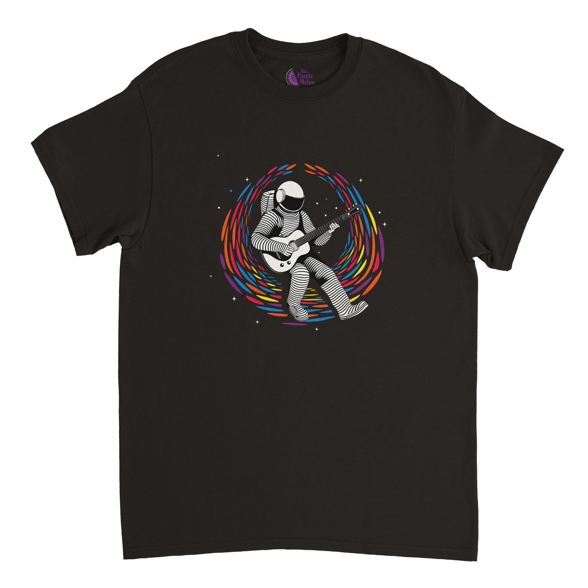black t-shirt with a guitar playing spaceman floating in space