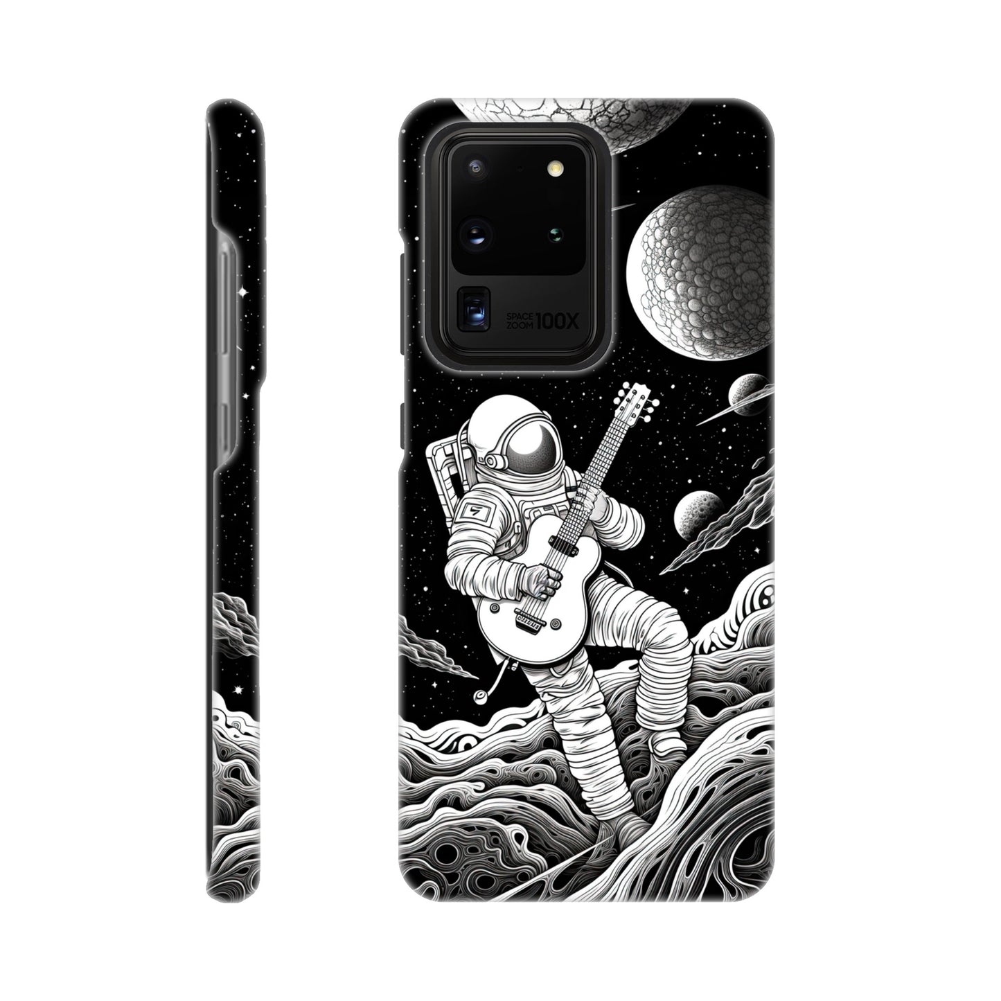 Space Serenade: Monochromatic Astronaut Guitarist in Space Phone Case