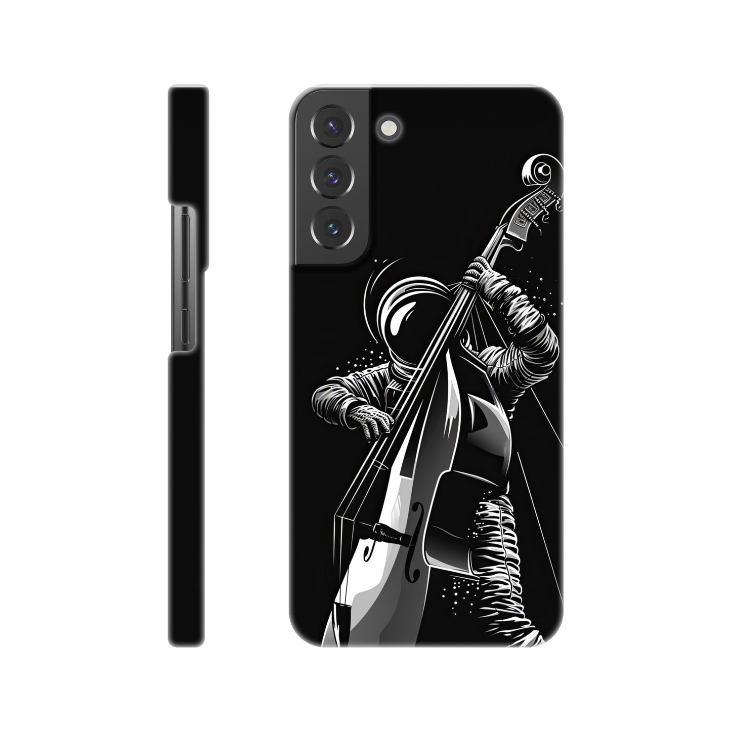 slim phone case with a double bass playing spaceman design