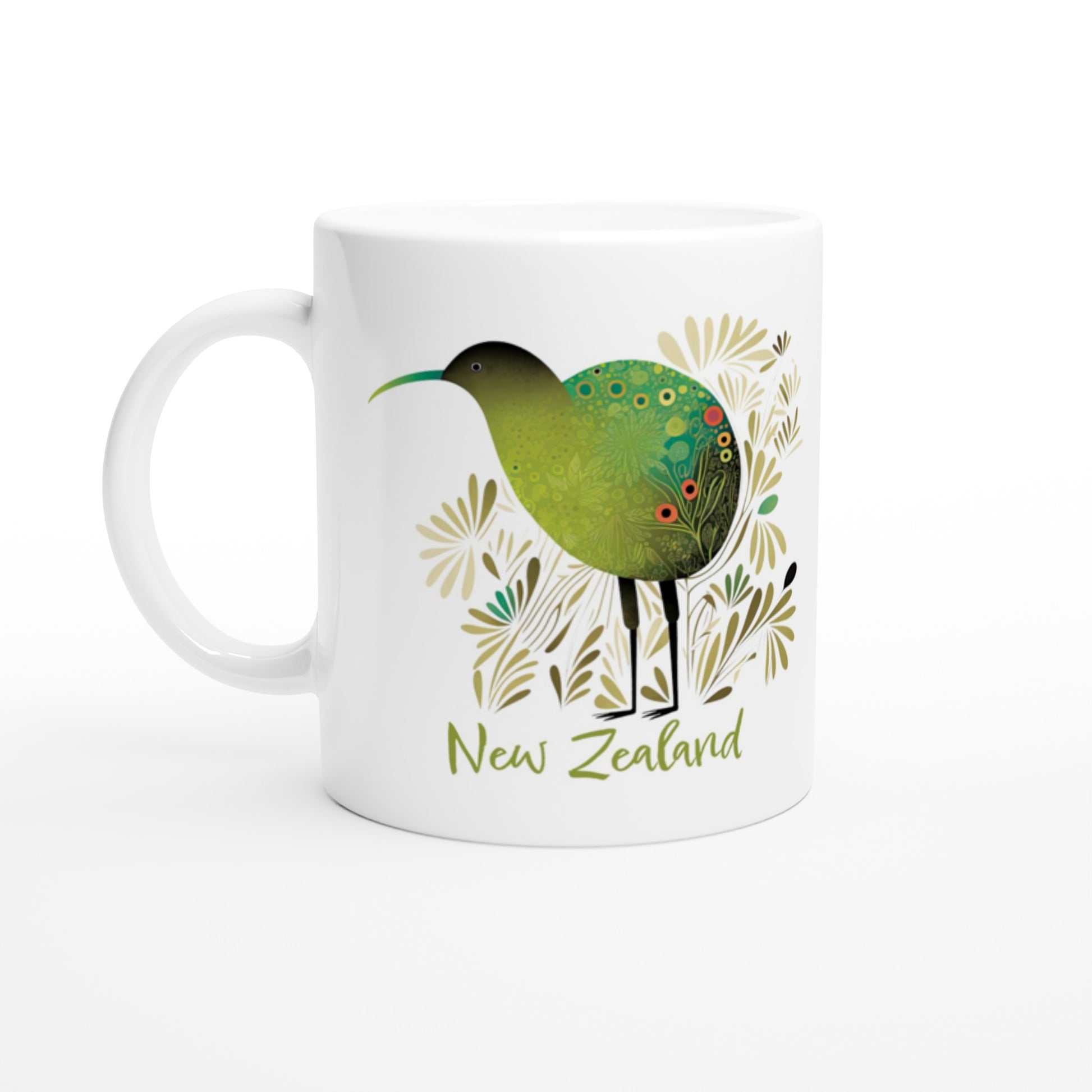 White ceramic mug with New Zealand Kiwi bird design