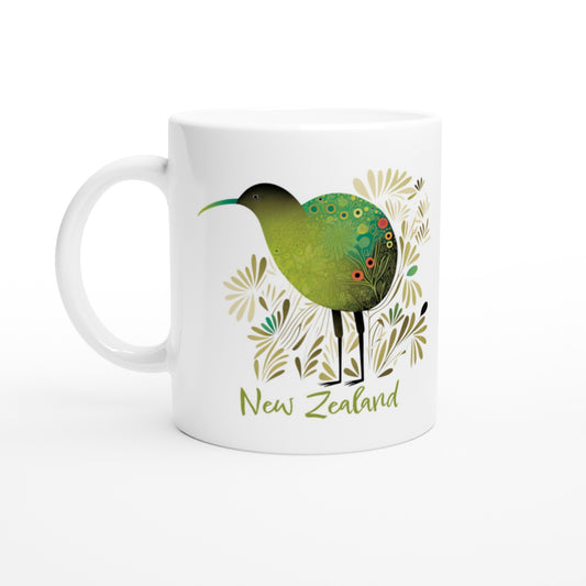 White ceramic mug with New Zealand Kiwi bird design