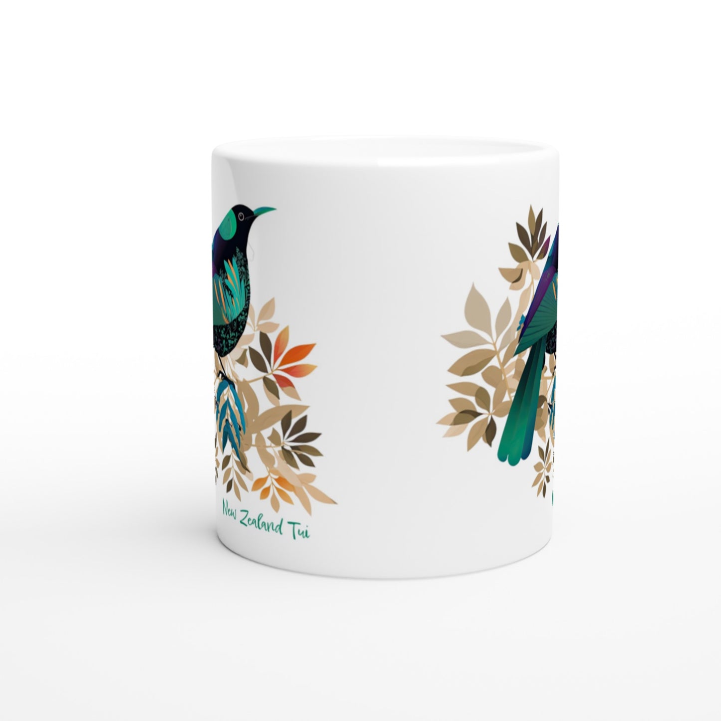 Ceramic coffee mug with New Zealand Tūī bird design
