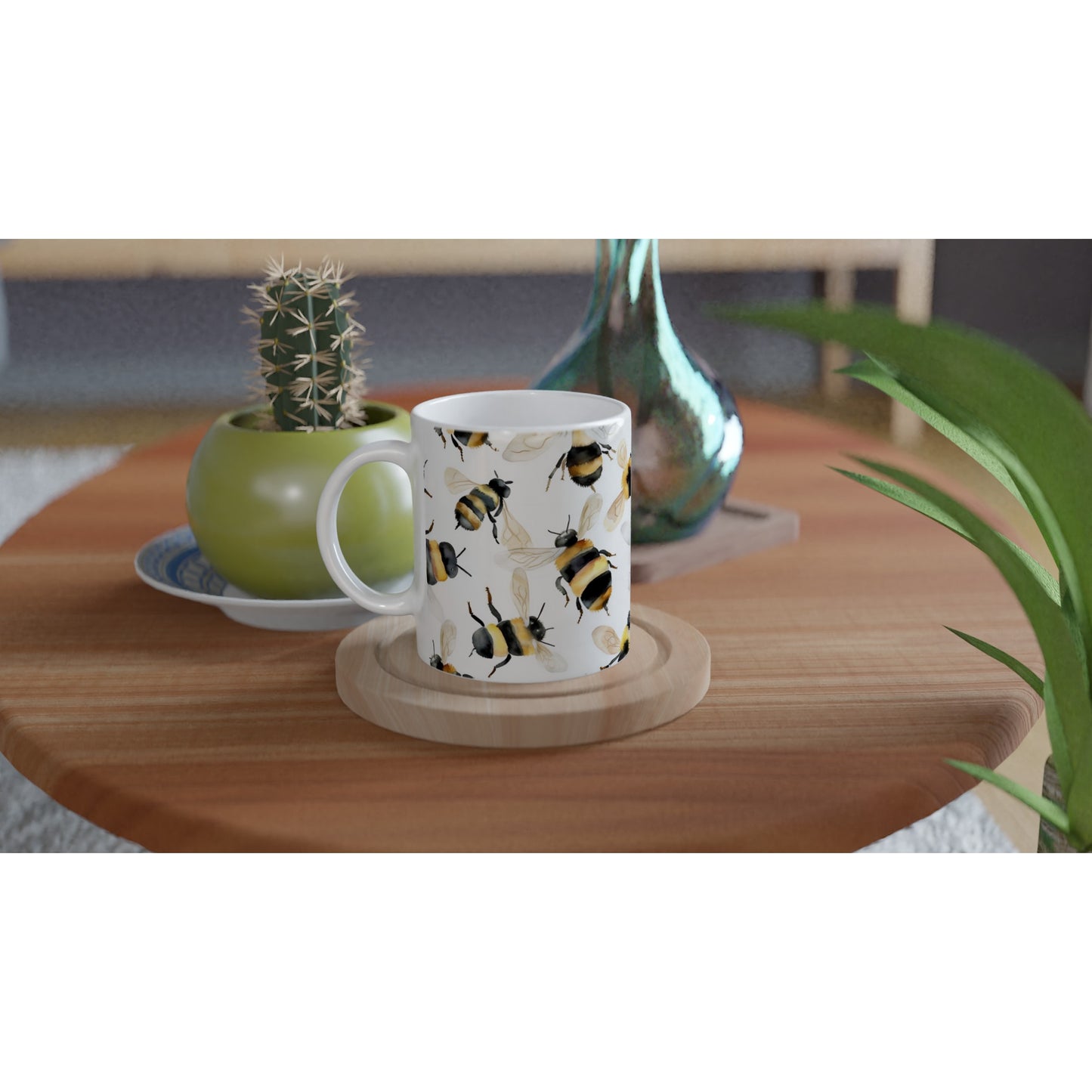 Bumble Bee Bliss: 11oz Ceramic Mug with Watercolor Painted Bumble Bees Pattern