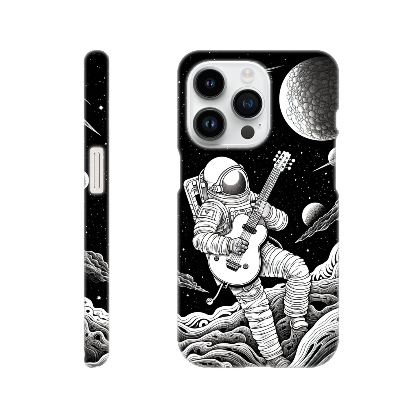Space Serenade: Monochromatic Astronaut Guitarist in Space Phone Case