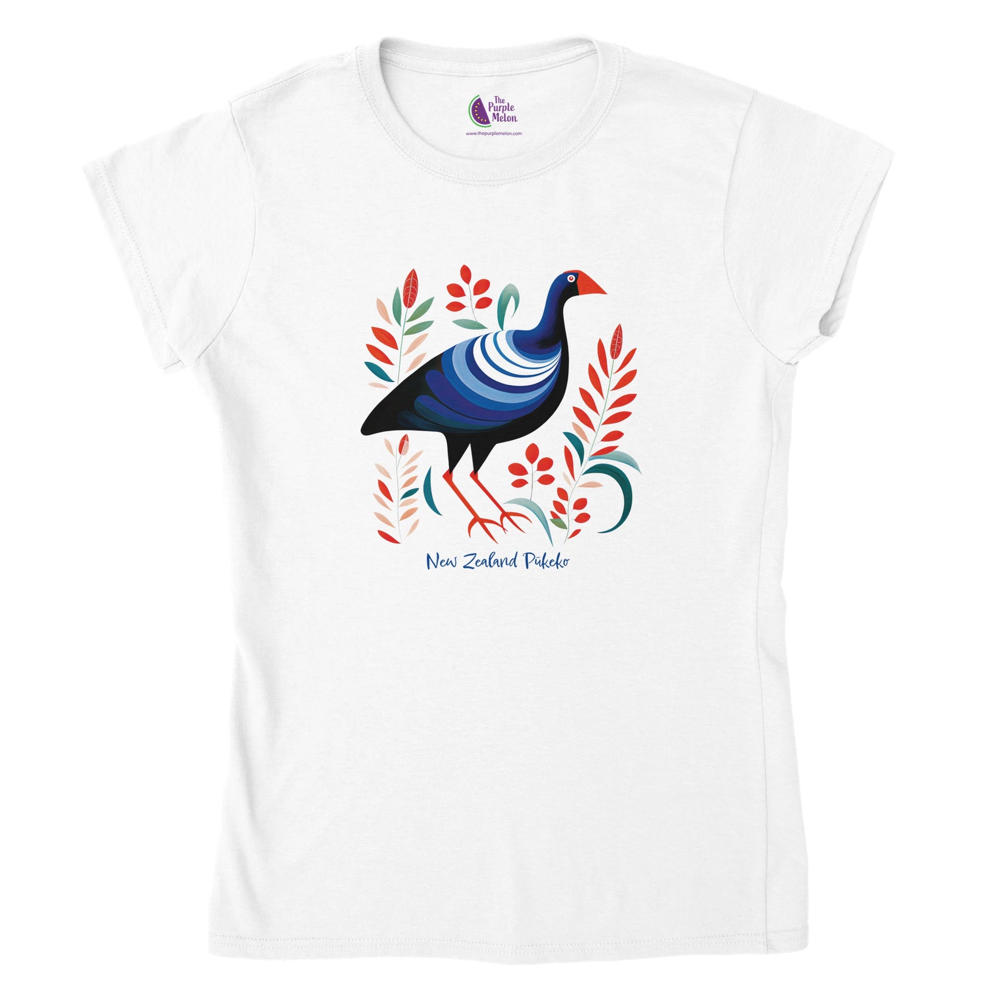 white t-shirt with a new zealand pukeko print