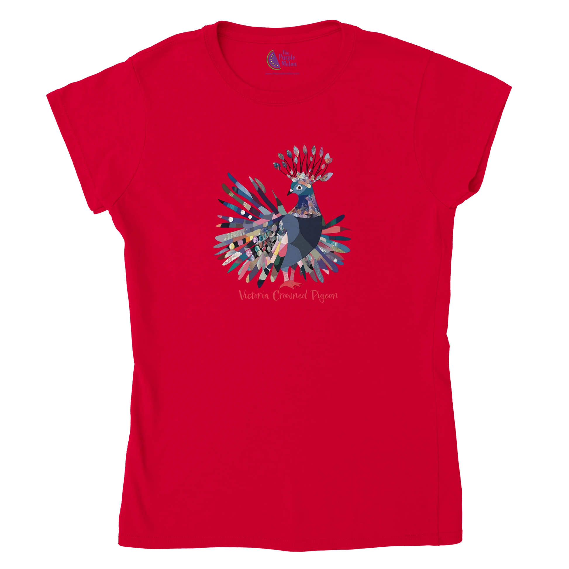 red t-shirt with a victoria crowned pigeon design