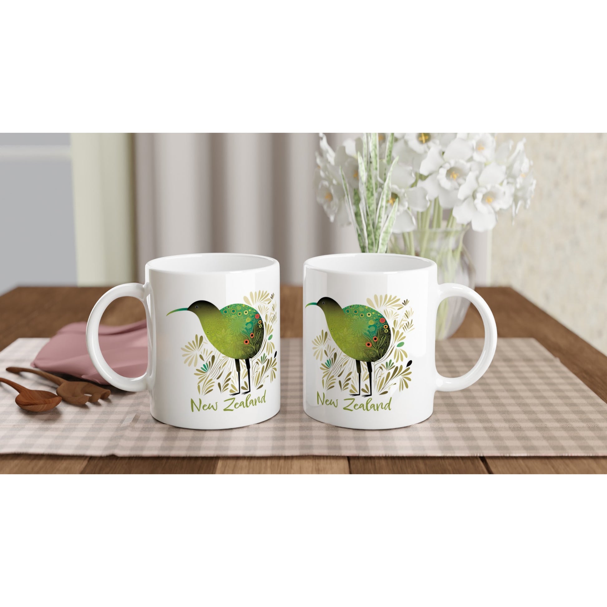 White ceramic mug with New Zealand Kiwi bird design