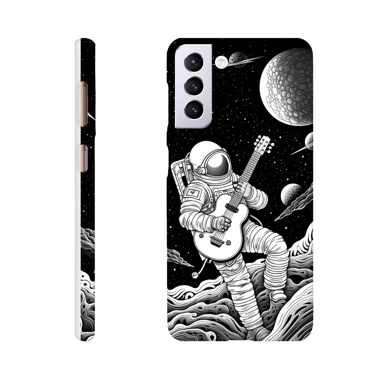 Space Serenade: Monochromatic Astronaut Guitarist in Space Phone Case