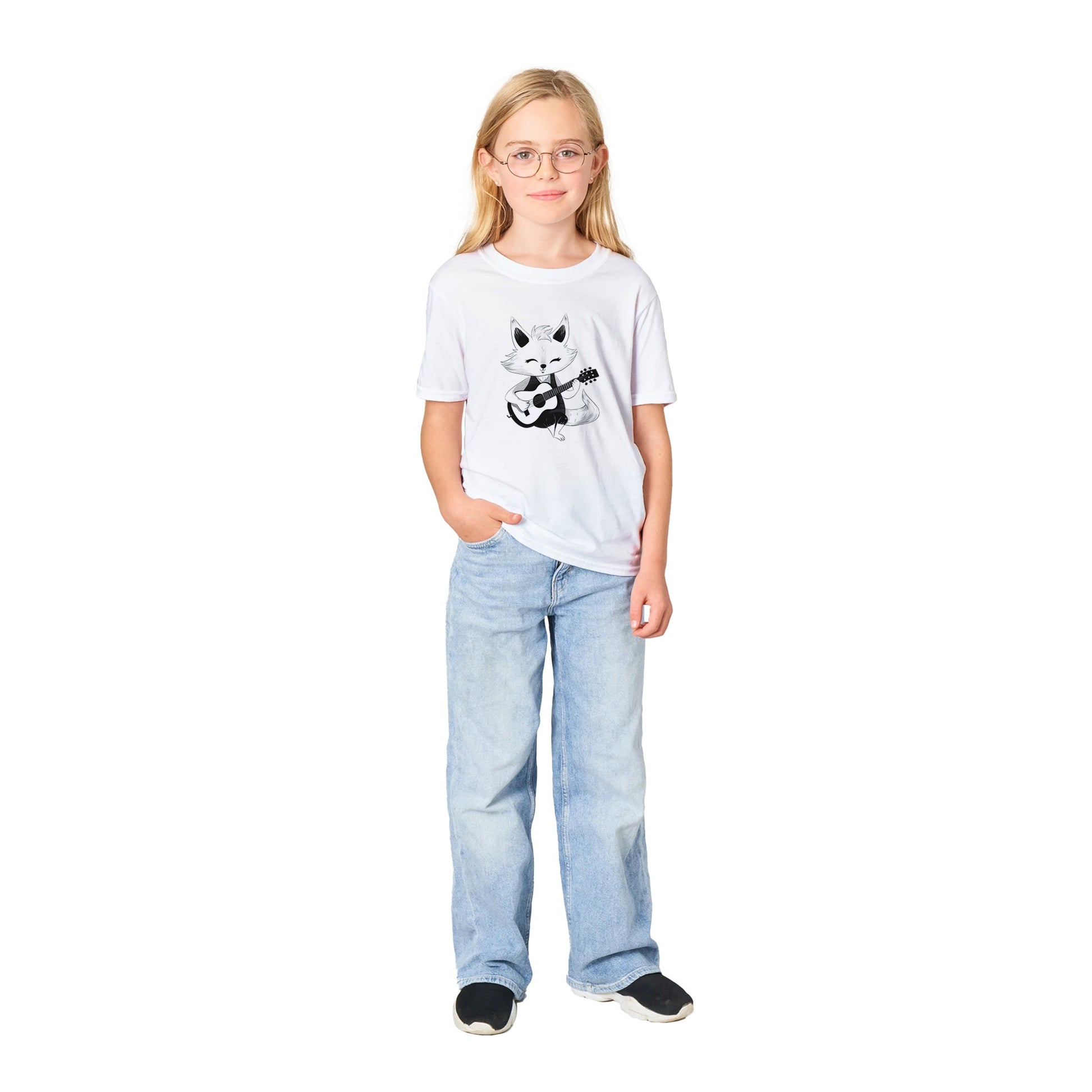 girl wearing a white kids t-shirt with cute fox playing guitar print