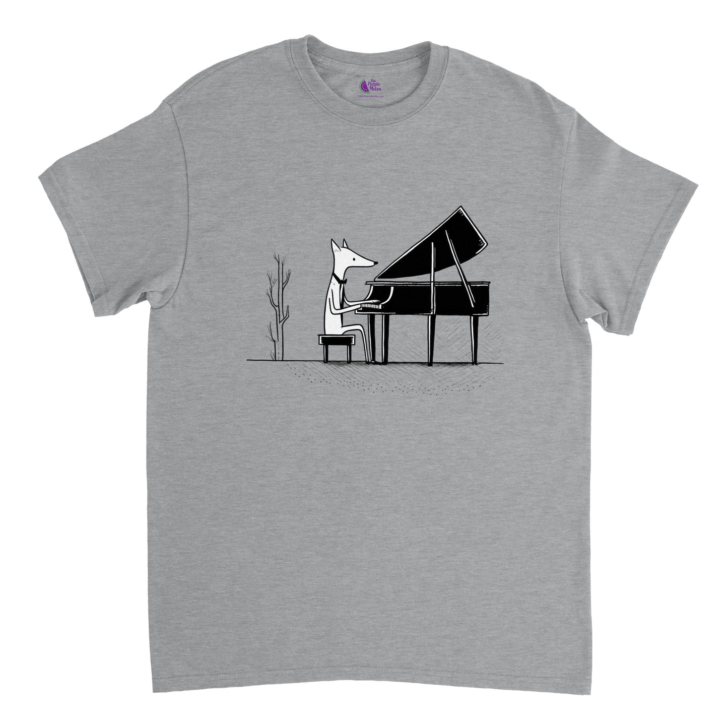 light grey t-shirt with a fox playing piano print