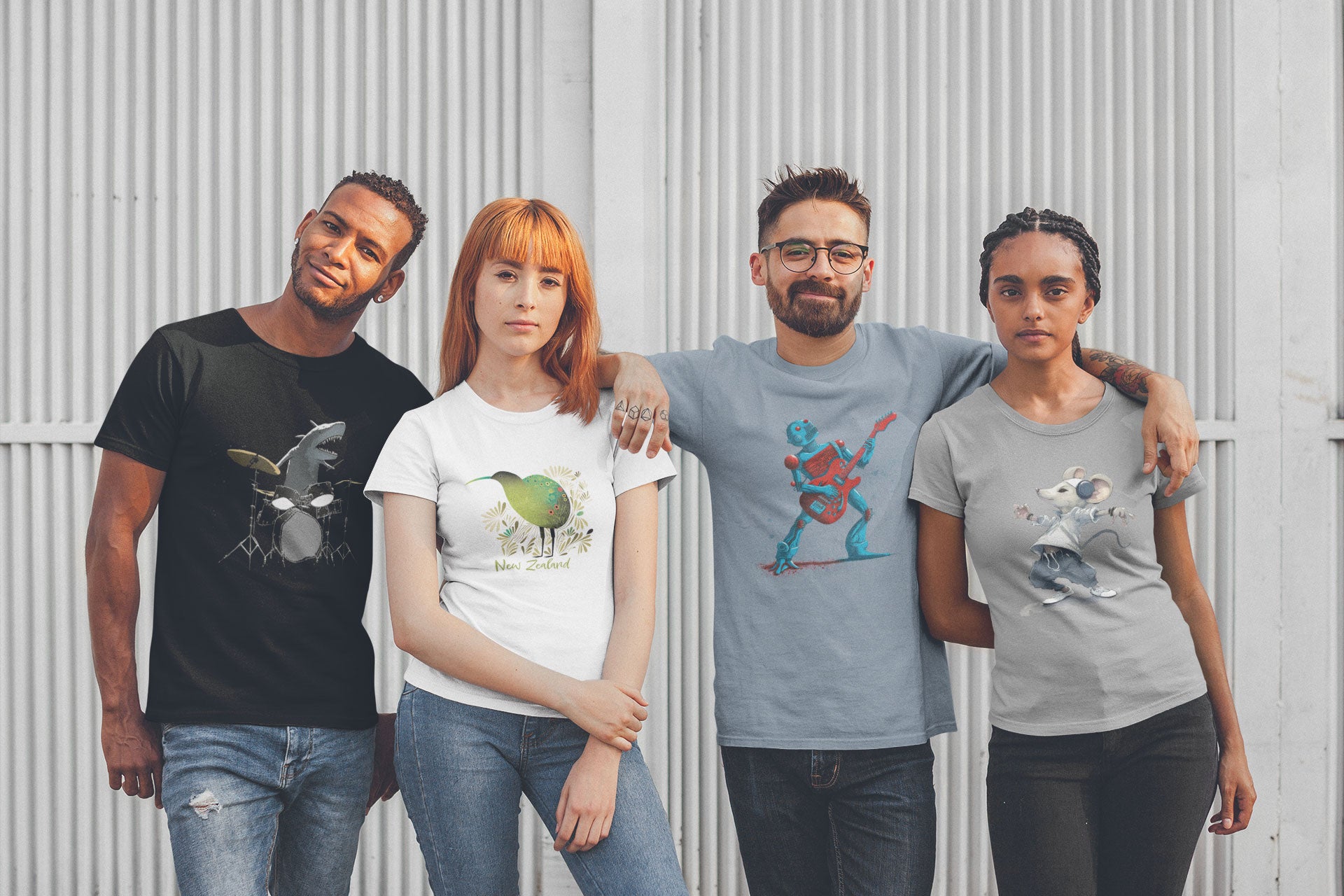 Friends wearing t-shirts designed by The Purple Melon