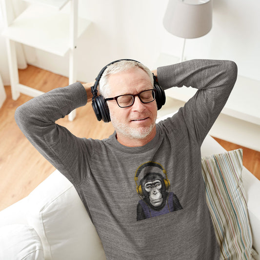 Chimpanzee Litening to Music on Headphones Premium Unisex Crewneck Sweatshirt