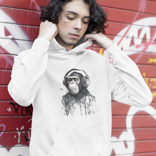 Chimpanzee Wearing Headphones Listening to Music Premium Unisex Pullover Hoodie