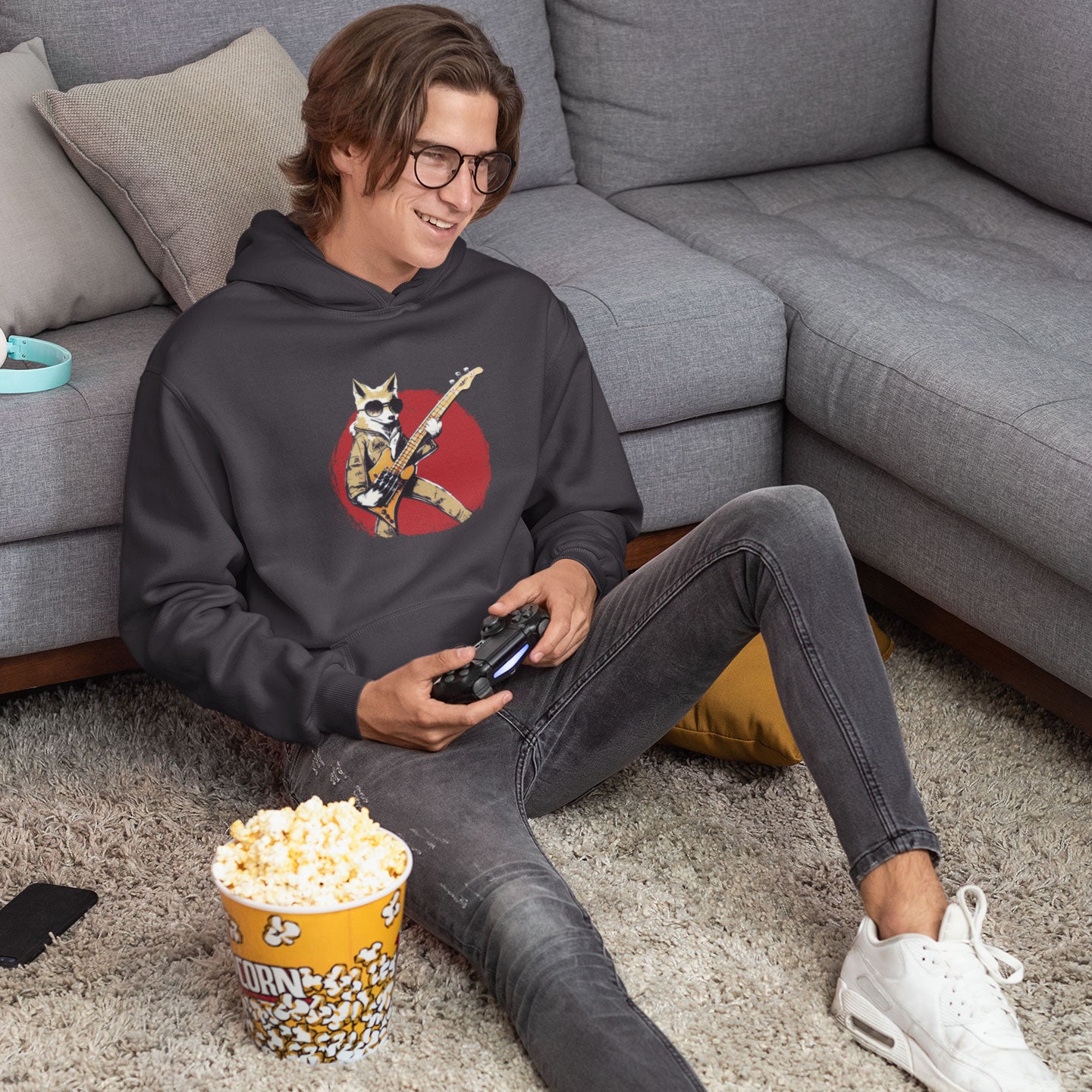 Fox Playing a Bass Guitar Premium Unisex Pullover Hoodie