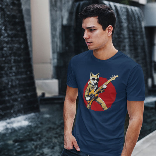 Guy wearing t-shirt with cool fox playing bass guitar print