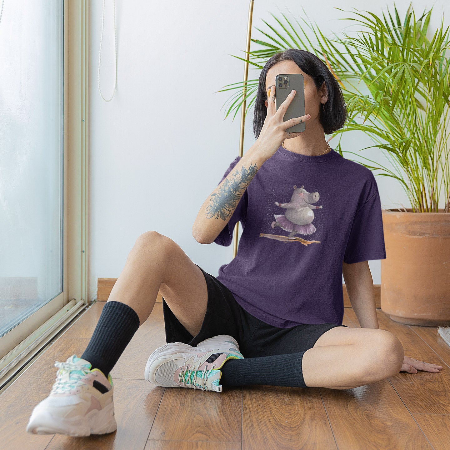 Hippo Ballet Dancing Premium Womens Crewneck T-shirt