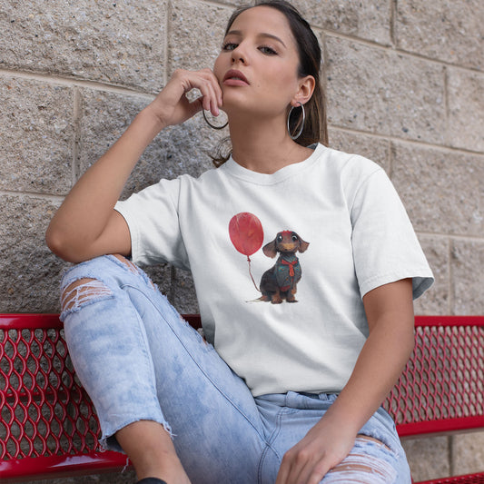 woman wearing a white t-shirt with a dachshund dog with red balloon print