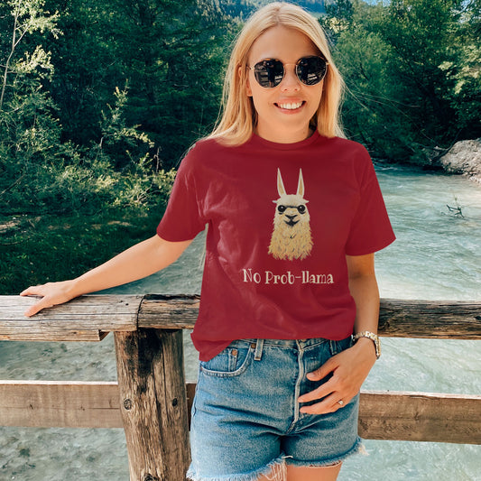 woman wearing sunglasses and a red t-shirt with a cute no prob-llama print