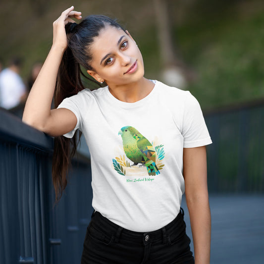 woman wearing a white t-shirt with a new zealand kakapo print
