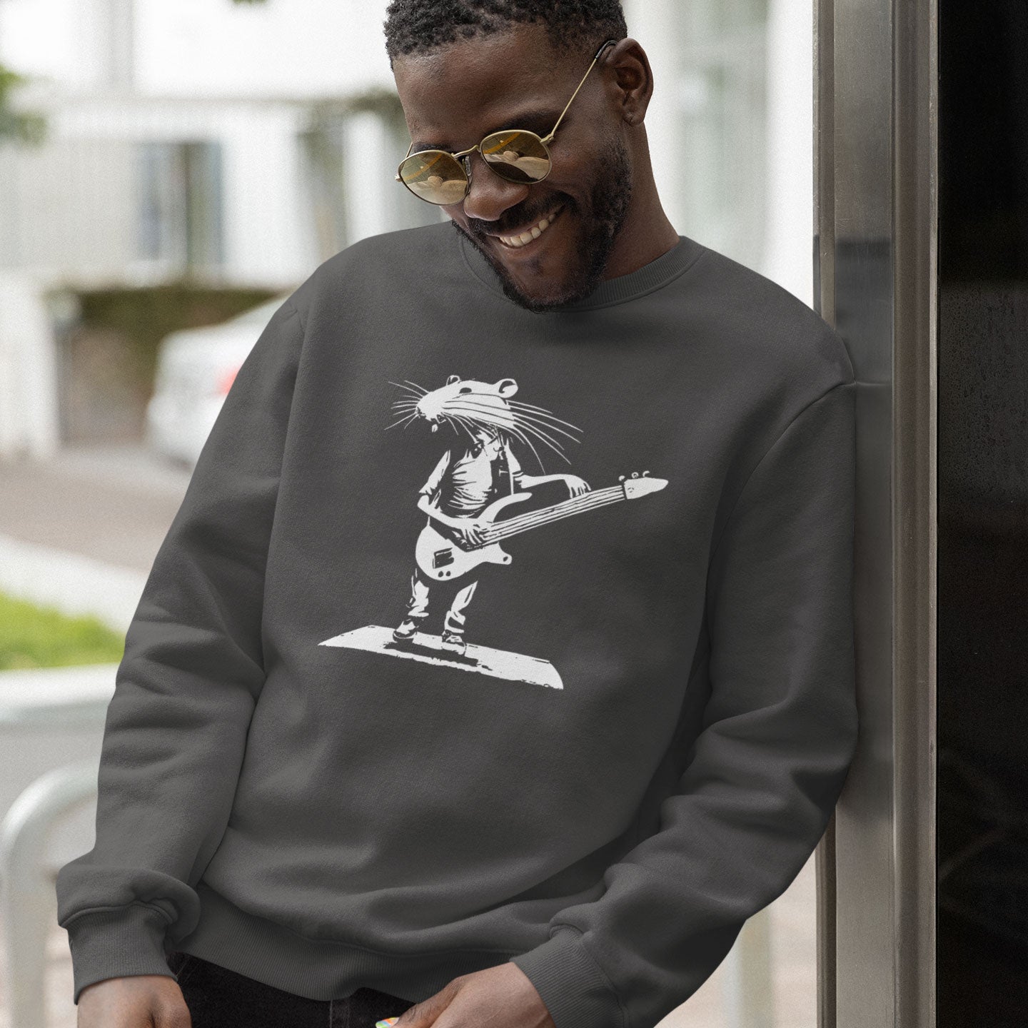 Rat Playing a Bass Guitar Premium Unisex Crewneck Sweatshirt