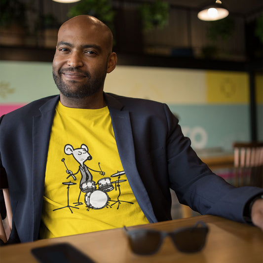 guy wearing a blazer and yellow t-shirt with a mouse playing drums print