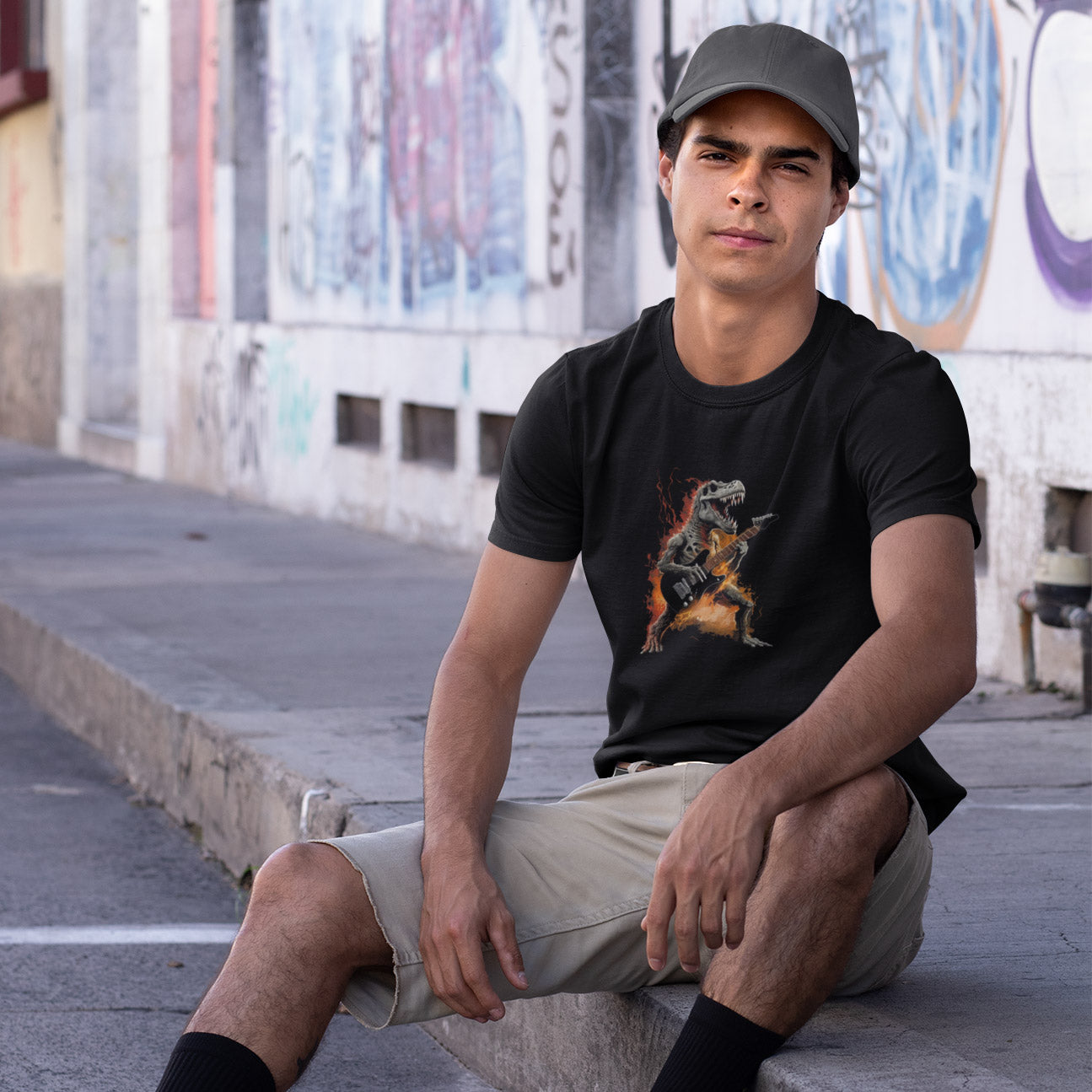 Man sitting on the pavement wearing a black t-shirt with a flaming t-rex playing the guitar graphic