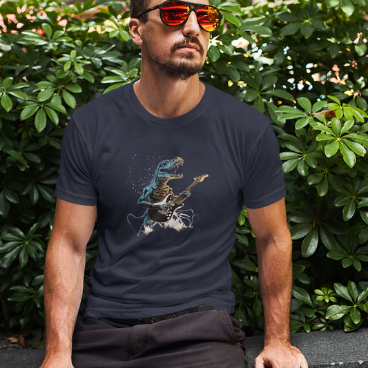 A guy wearing a dark grey t-shirt with a t-rex shredding out on a guitar print