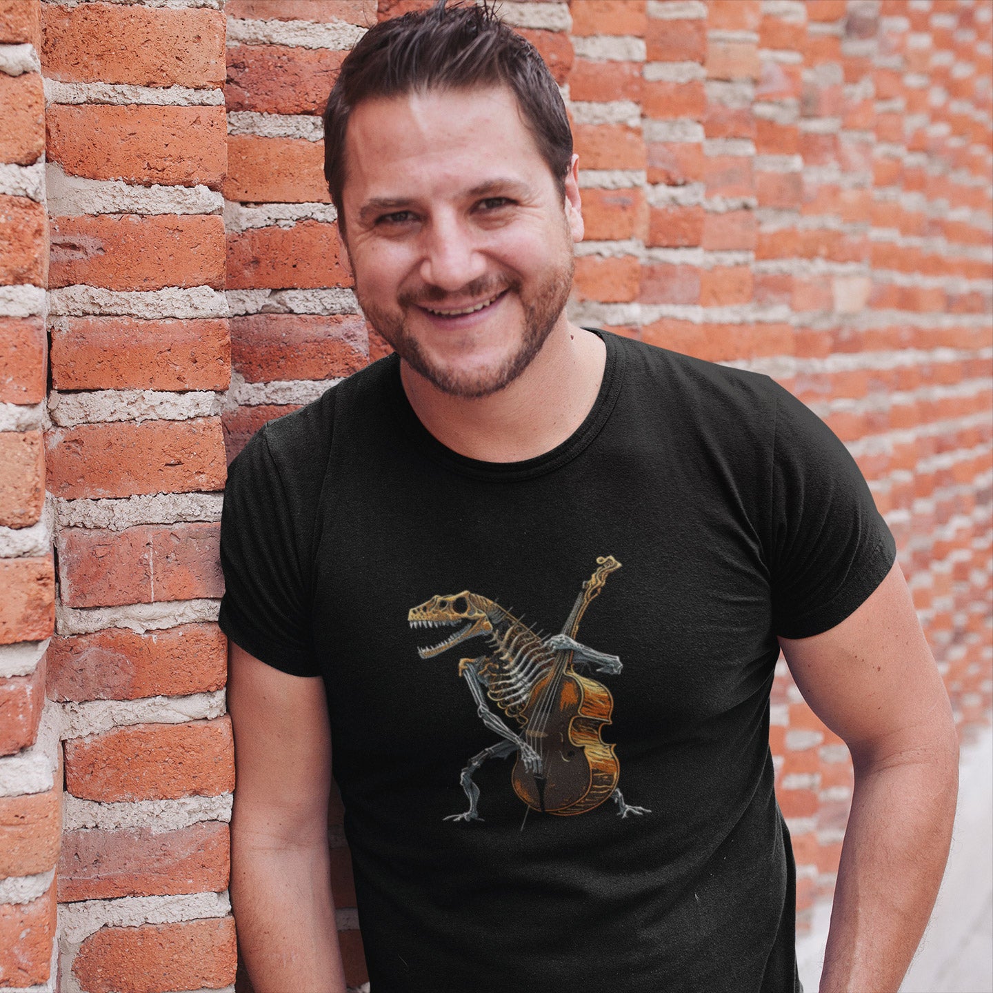 Guy wearing a black t-shirt with a skeleton of a t-rex playing a double bass