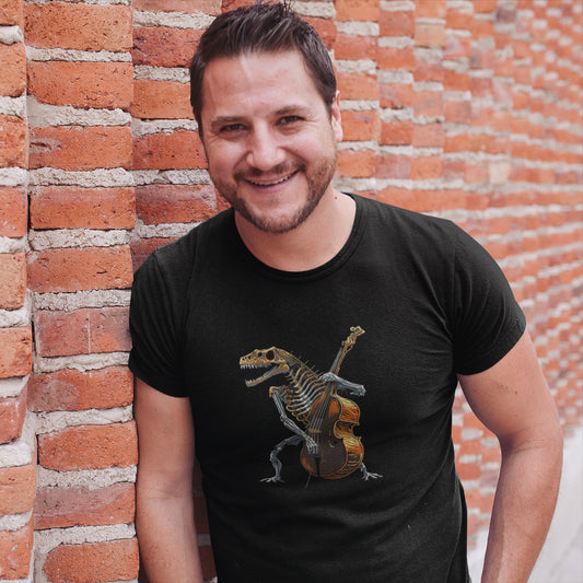Guy wearing a black t-shirt with a skeleton of a t-rex playing a double bass