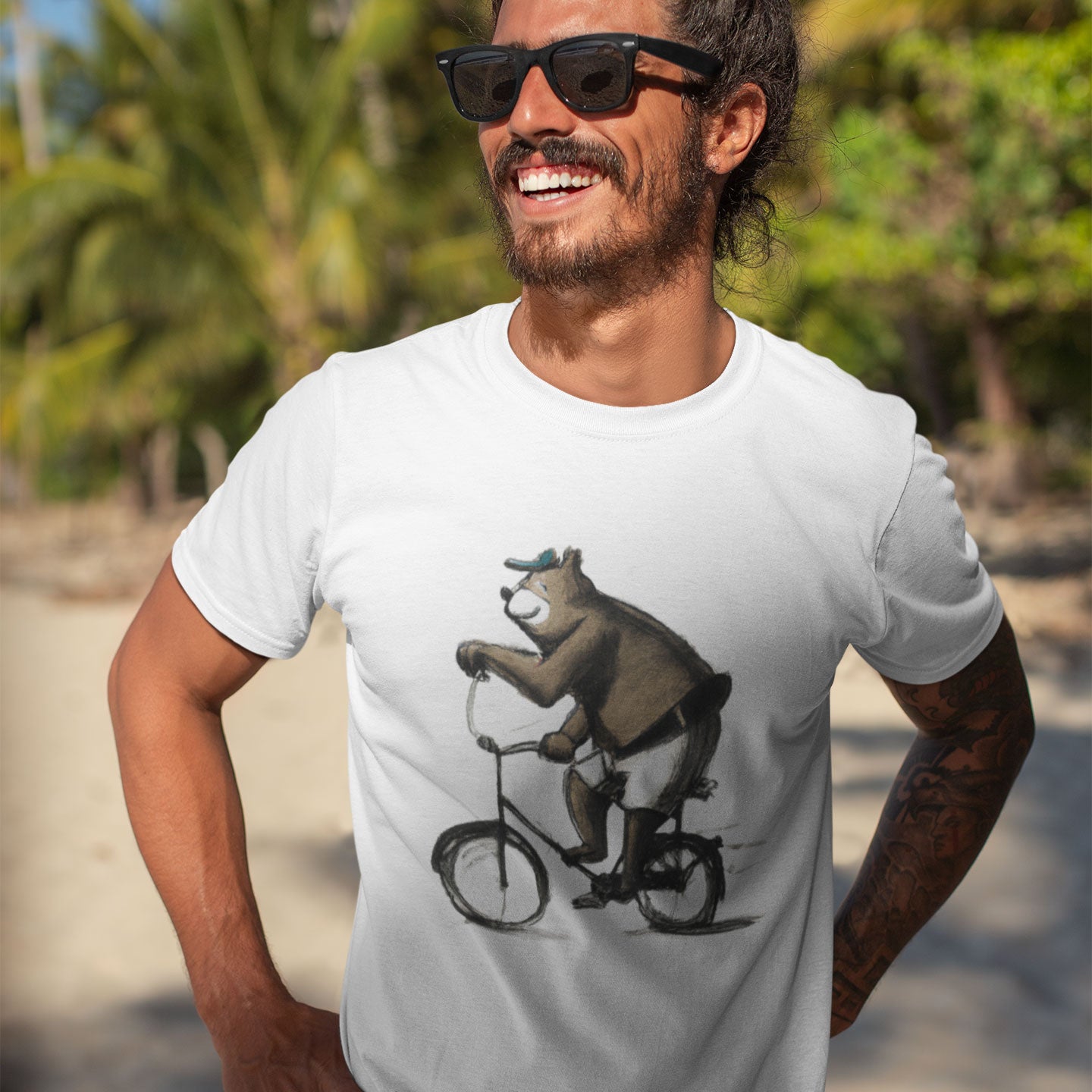 Man wearinga white t-shirt with a bear in shorts and cap  riding a bike