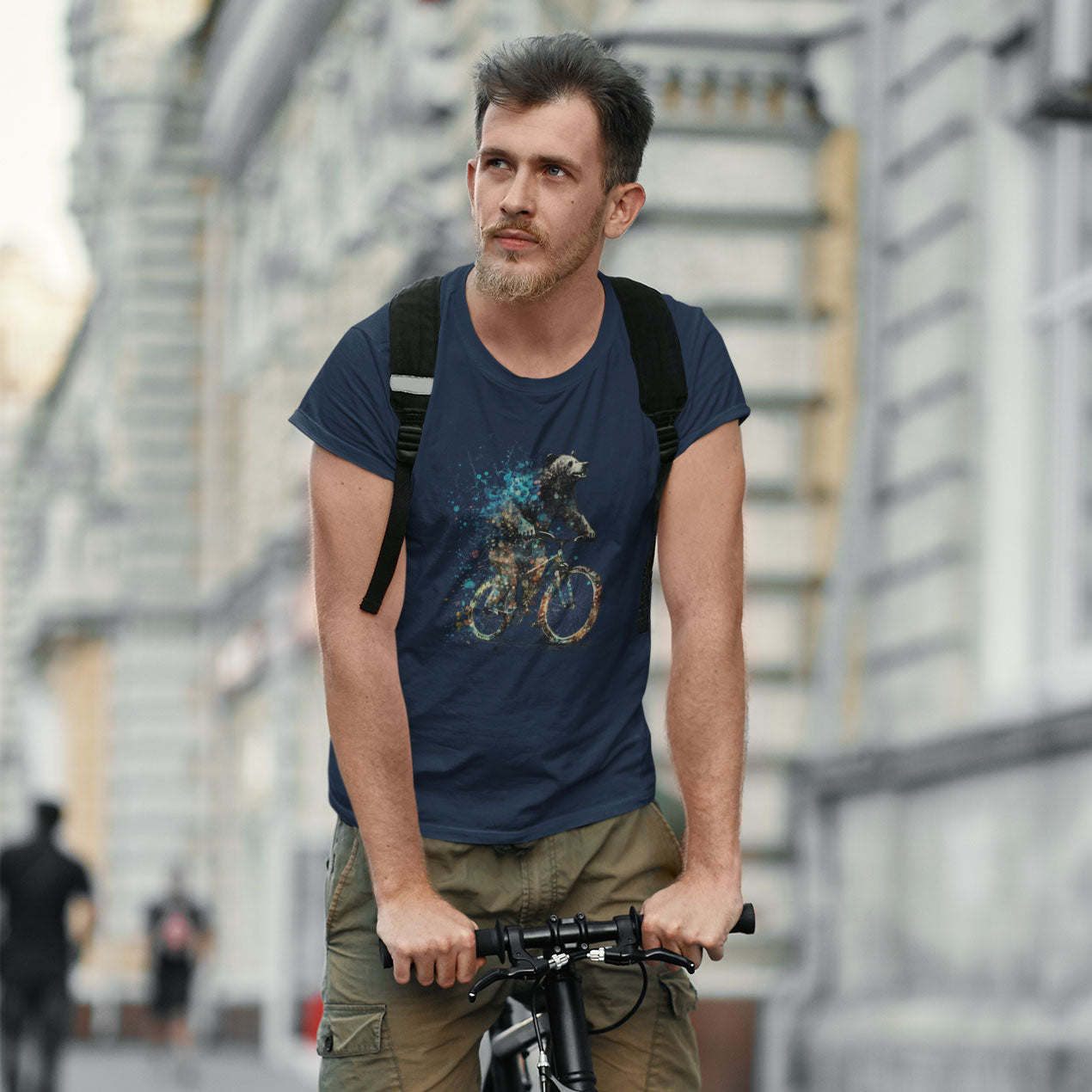 T-shirt with bear riding a bicycle illustration