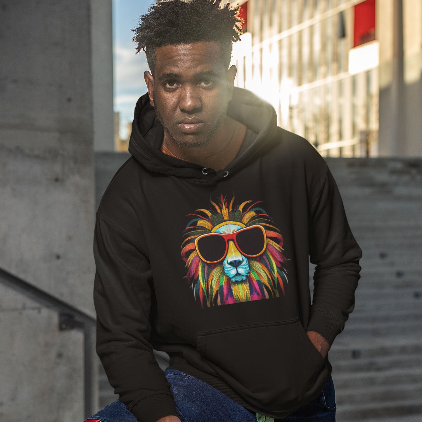 Colourful Lion Wearing Sunglasses Premium Unisex Pullover Hoodie