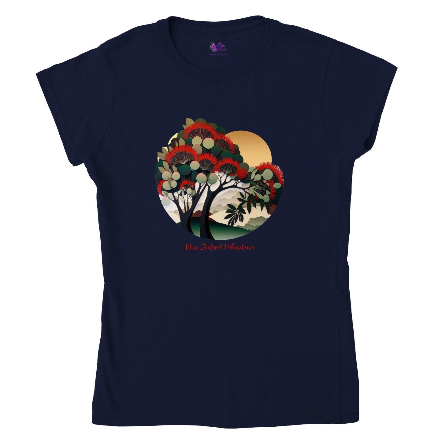 Navy t-shirt with a new zealand pohutukawa tree print