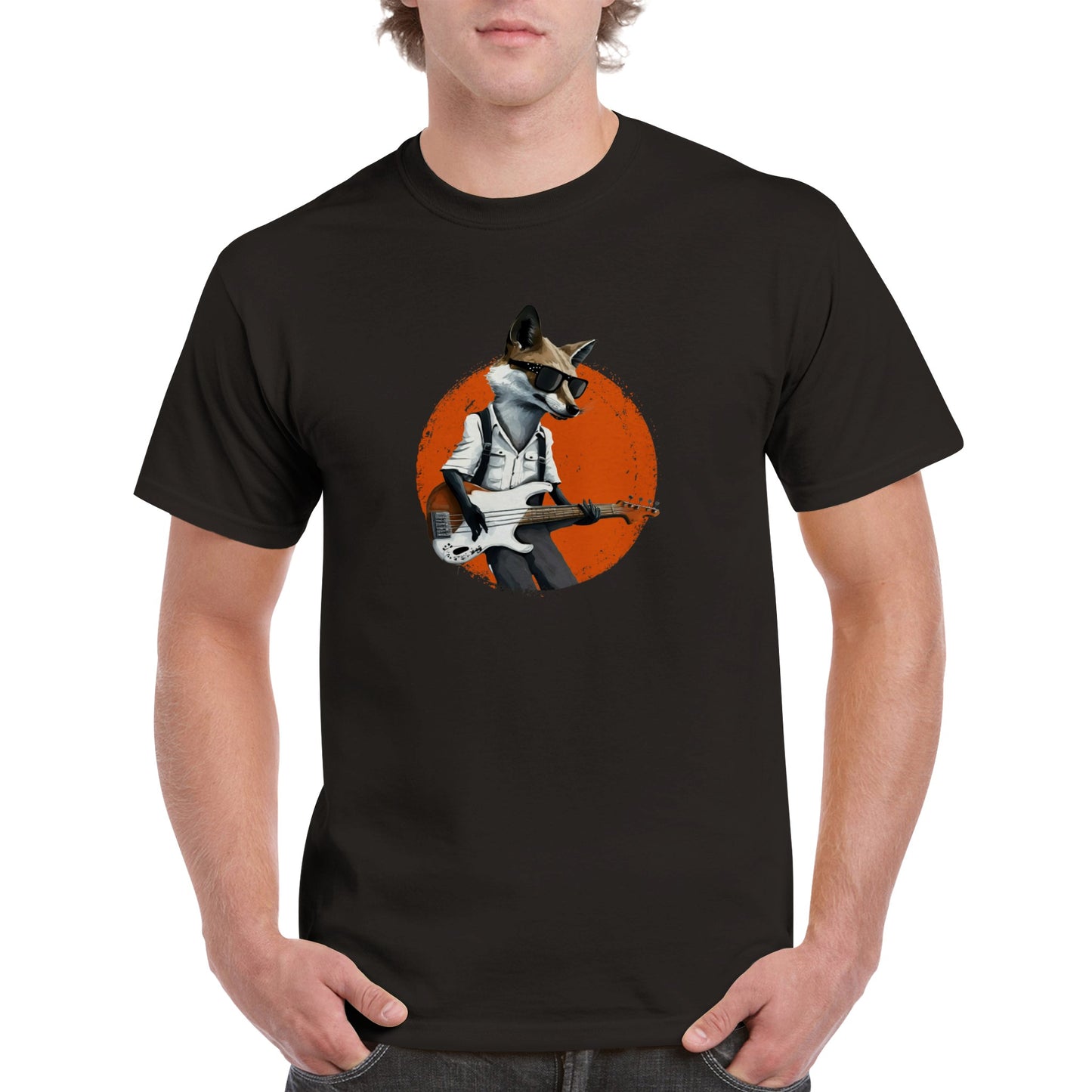 Guy wearing a black t-shirt with a print of a fox in sunglasses playing the bass guitar
