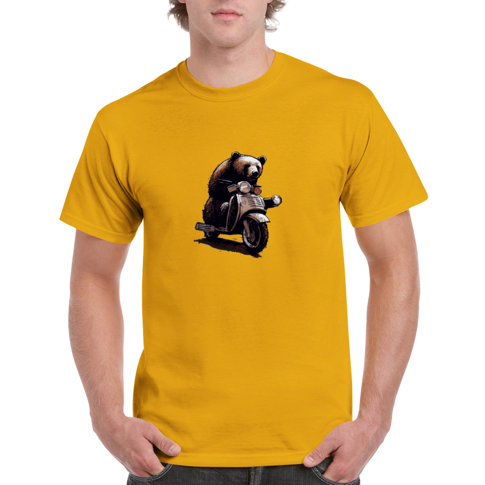 man wearing a gold t-shirt with a bear riding a motor scooter