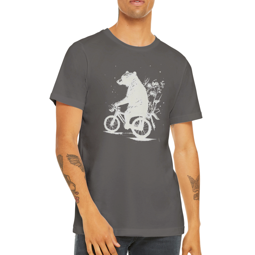 A guy wearing a grey t-shirt with a bear riding a bike print