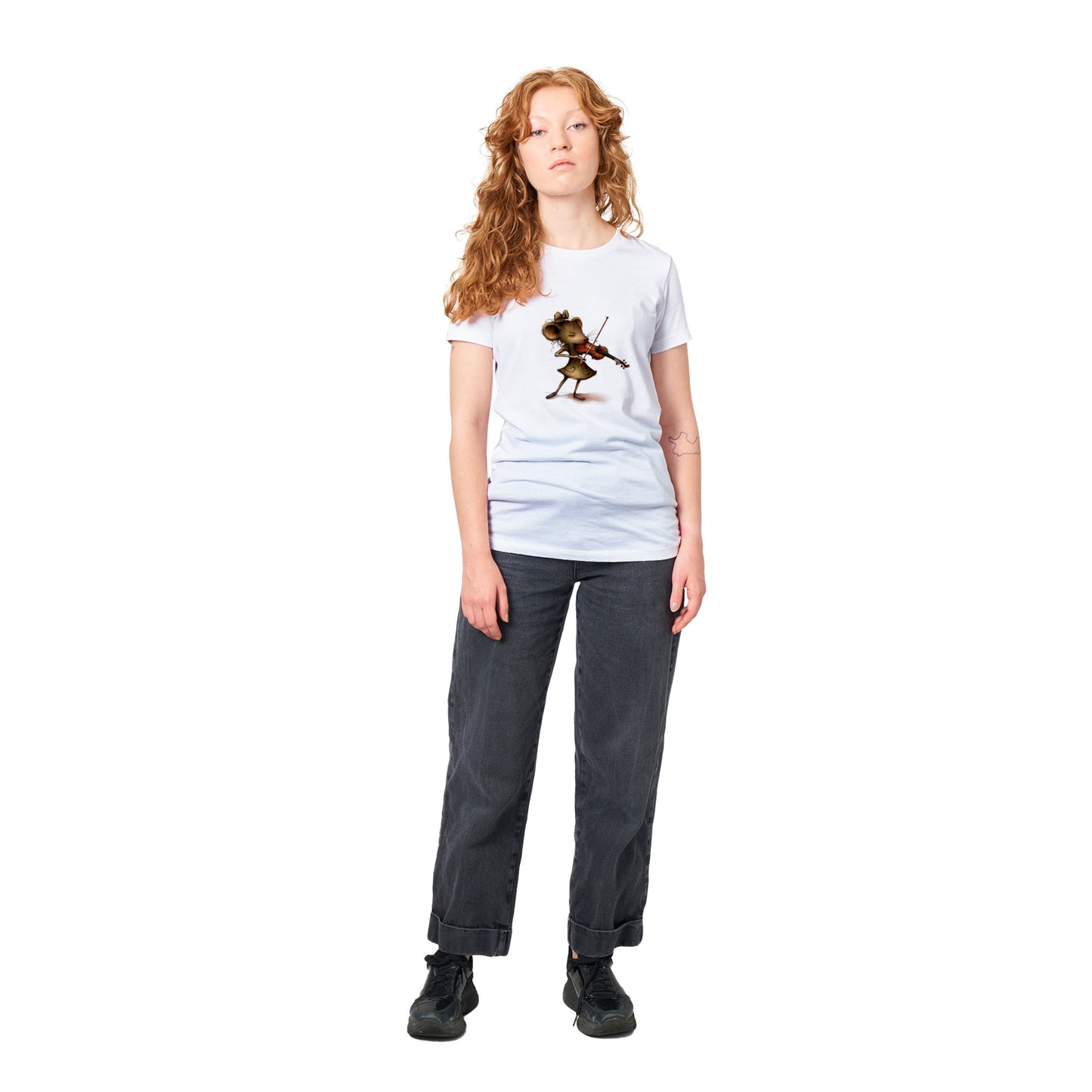 woman wearing a white t-shirt with a mouse playing a violin print